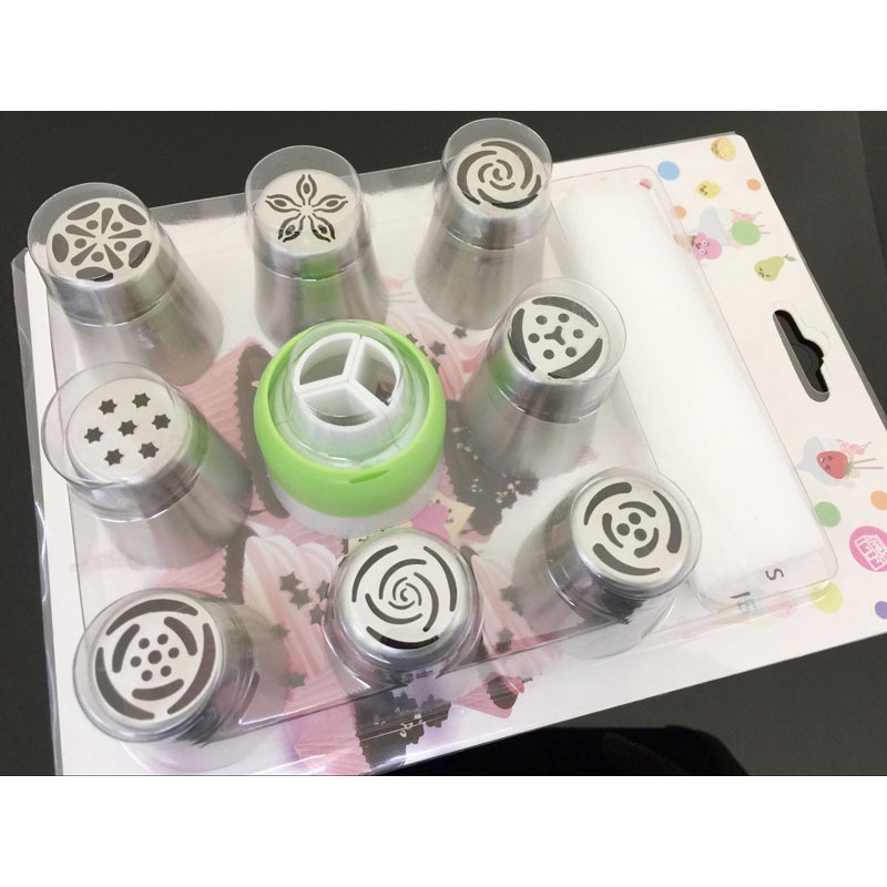 Bộ 8 đui bắt kem 3D Nga kèm chốt 3 đầu + 10 túi bắt kem