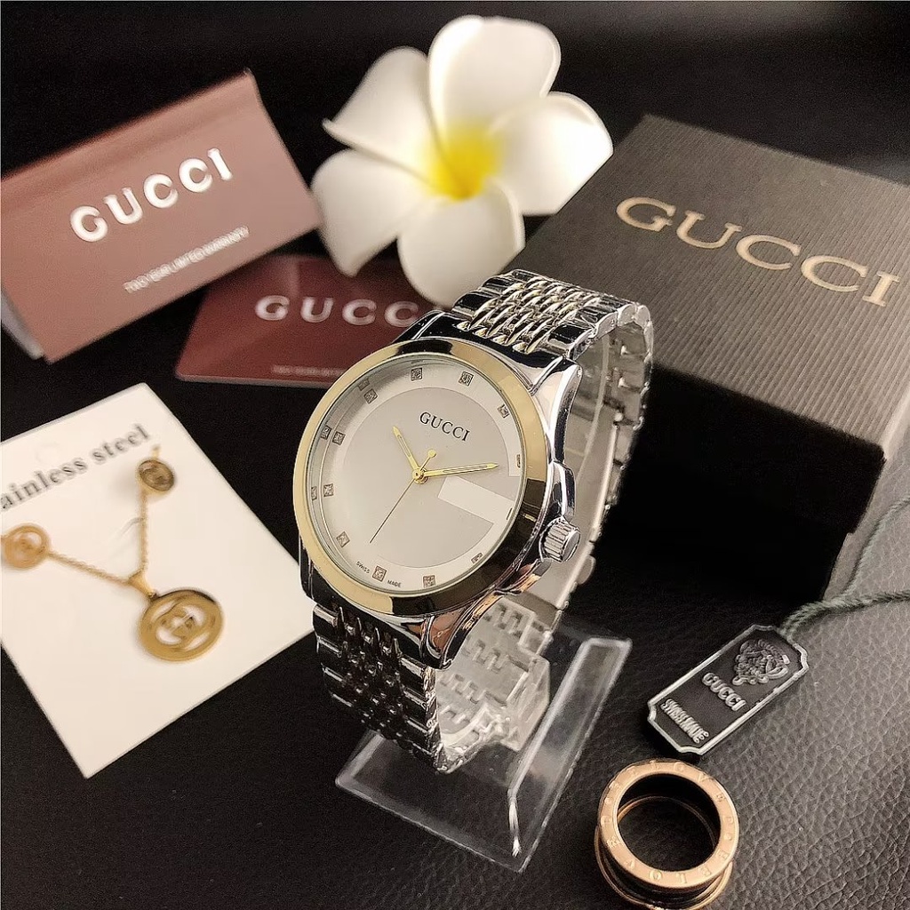 Đồng Hồ Đeo Tay Gucci Mặt Tròn Dây Da Phối Thép Không Gỉ Thời Trang Cho Cặp Đôi