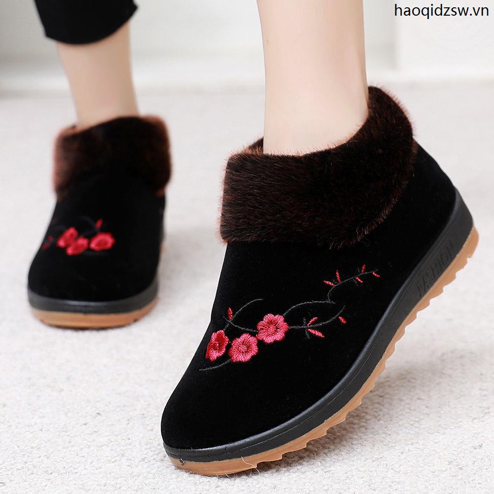 Giày Vải Cotton Lót Lông Cừu Đế Mềm Chống Trượt Giữ Ấm Cho Phụ Nữ Trung Niên