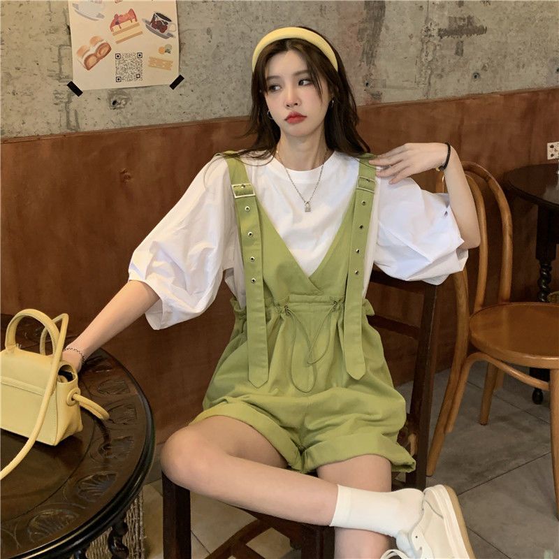 Set Áo Thun Tay Ngắn Phồng + Quần Short Dây Rút Dễ Thương Thời Trang Mùa Hè 2022 Dành Cho Bạn Nữ