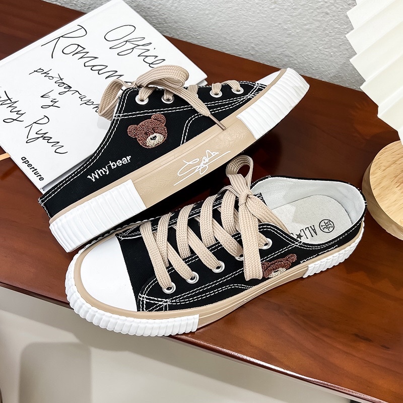 Sục thể thao Giày lười nữ thêu hình Gấu - Giày đạp gót Giày bata đế thấp khoẻ khoắn đủ size 35-40