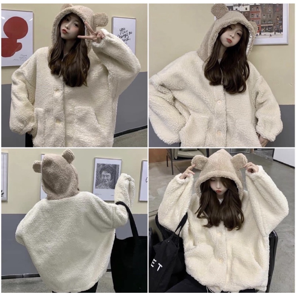 Áo khoá trần bông tai gấu, áo khoác trắng tai gấu siêu mềm mịn cute