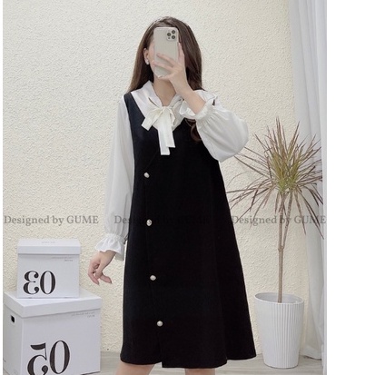 Váy bầu bigsize - Đầm bầu thiết kế GuMe màu đen dáng suông GIẢ YẾM đính cúc ngọc sang chảnh, cổ nơ xinh xắn- MB176
