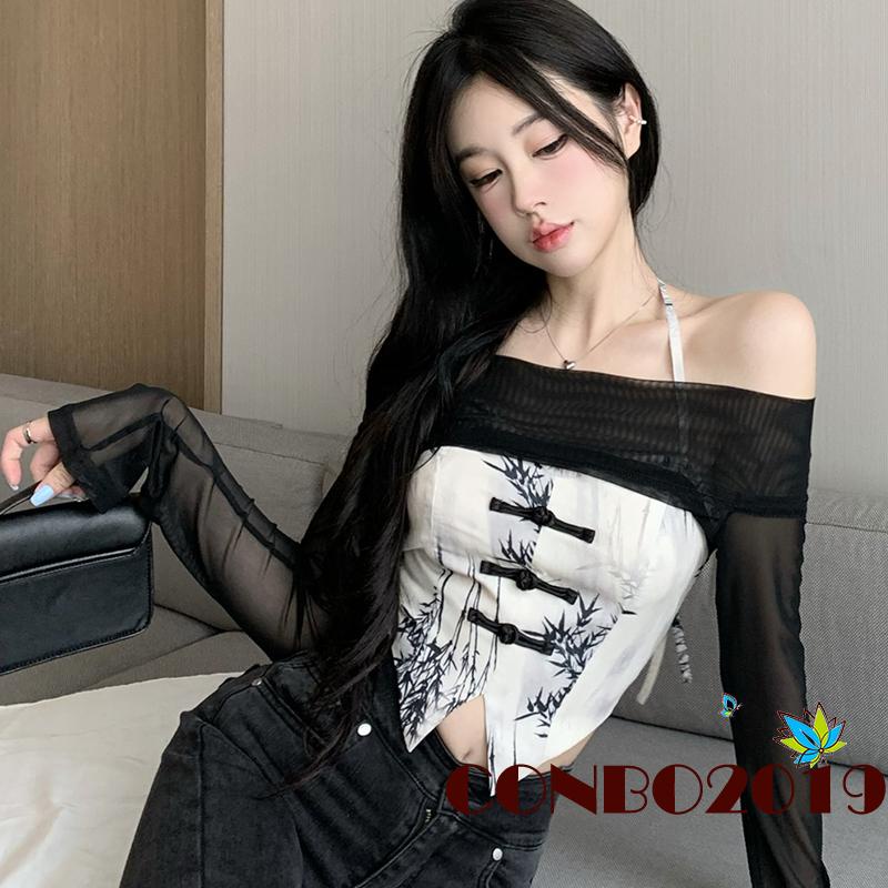 Set Áo Lửng Tay Dài Và Áo Hai Dây Họa Tiết Lá Tre Thời Trang Quyến Rũ Cho Nữ