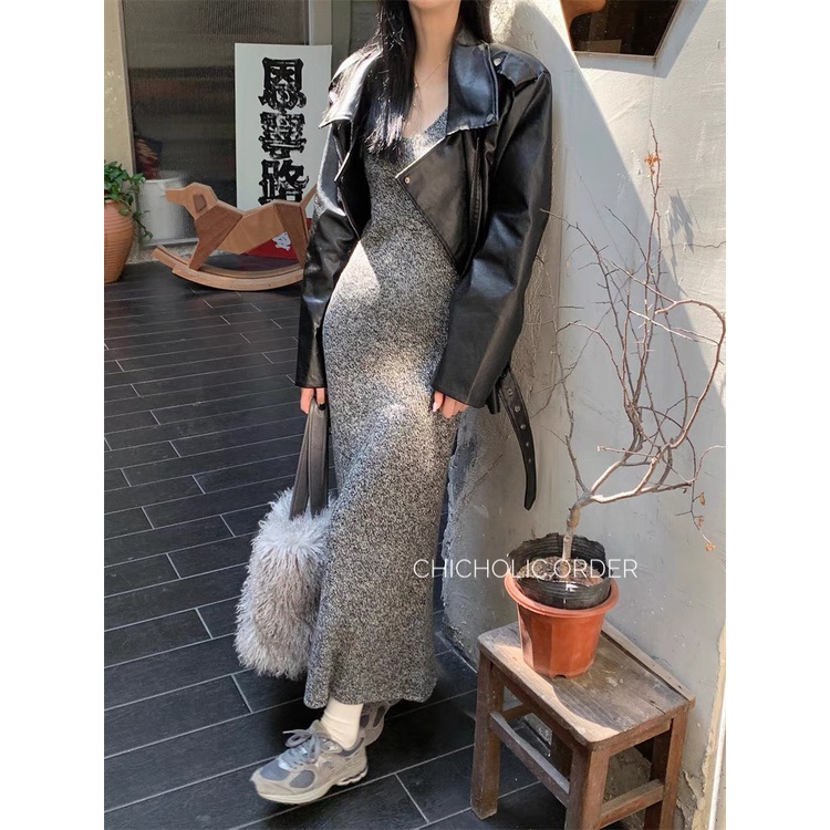 Váy hai dây màu muối tiêu dáng dài new hot phong cách retro