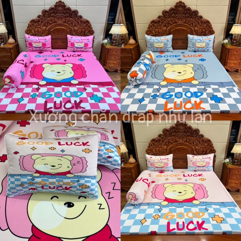 Bộ ga gối hoạt hình gấu hồng ( 3 màu ) thun siêu má lạnh 5D