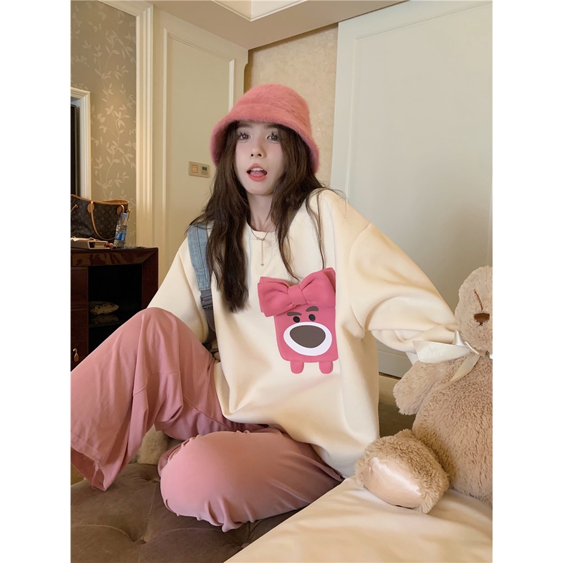 Porozi Áo sweater  tay dài cổ tròn đính nơ phong cách Hàn Quốc xinh xắn cho nữ