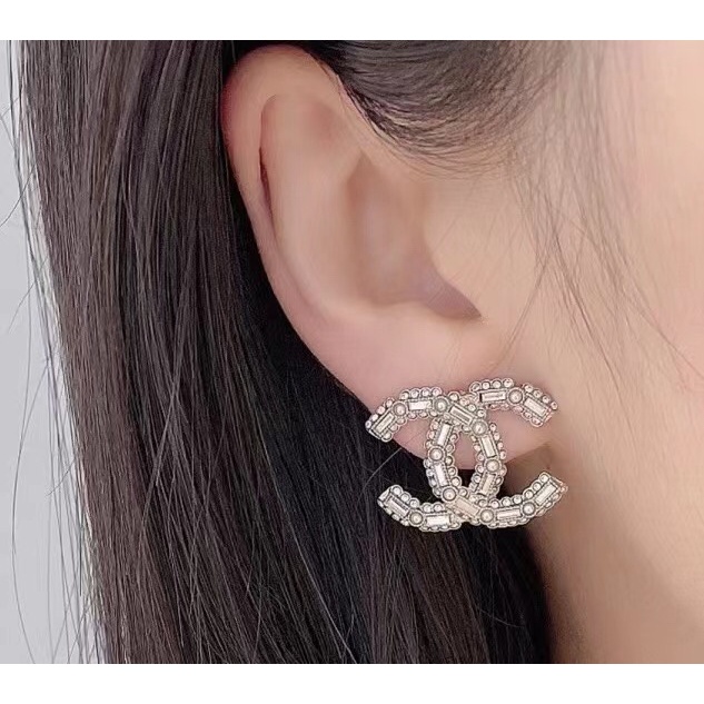 Bông Tai Mạ Bạc 925 Hình Chữ C Đính Ngọc Trai Thời Trang