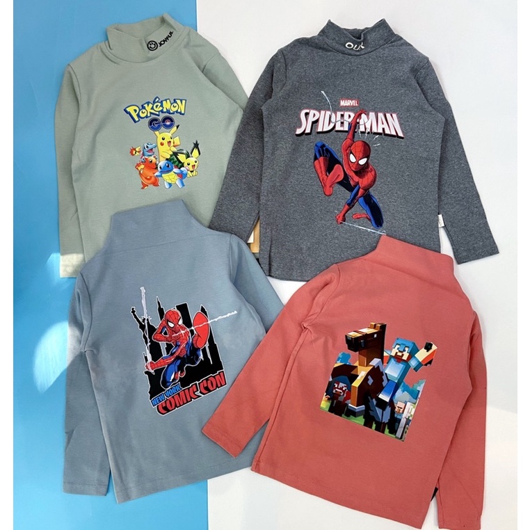 Áo thun cotton cổ lọ 3cm cho bé in hình Spiderman