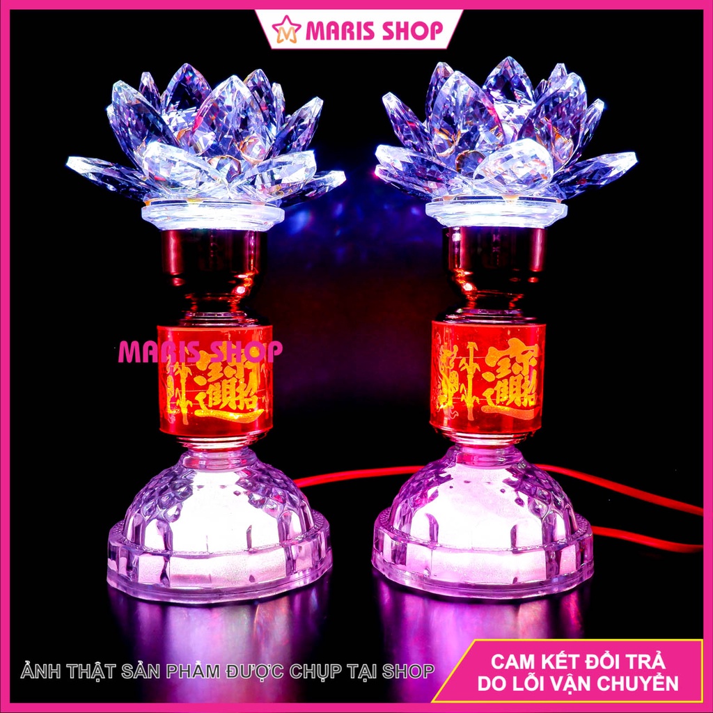 Đèn Thờ Hoa Sen Pha Lê Nguyên Khối Cao 28cm Sử Dụng Mạch LED 2 Tầng Đổi Màu Tự Động [MRHT12]