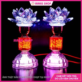 [Giá một cặp] Đèn Thờ Hoa Sen Pha Lê Nguyên Khối Cao 28cm Sử Dụng Mạch LED 2 Tầng Đổi Màu Tự Động [MRHT12]