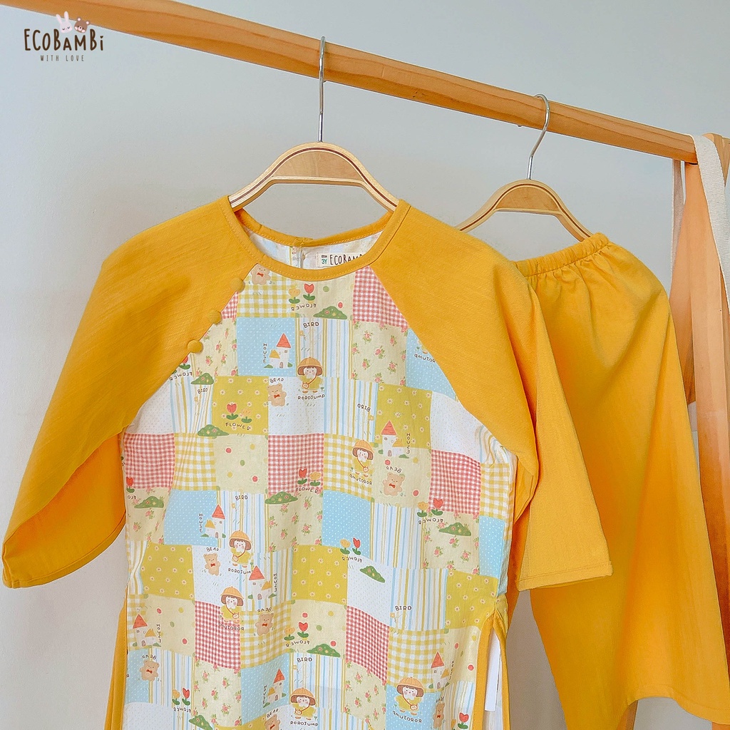 Set áo dài Tết cách tân, thiết kế với phong cách Vintage cho bé gái chất liệu linen cao cấp in hoa Ecobambi