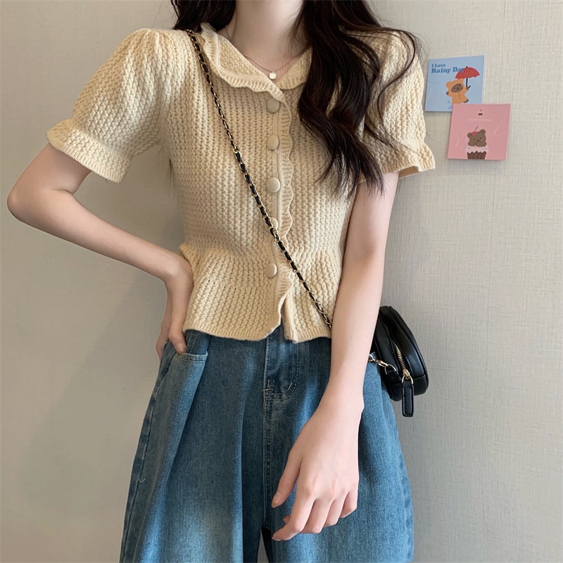 Áo len nữ cộc tay - len dệt kim co giãn nhẹ freesize dưới 50kg dáng babydoll cài cúc 3 màu xinh