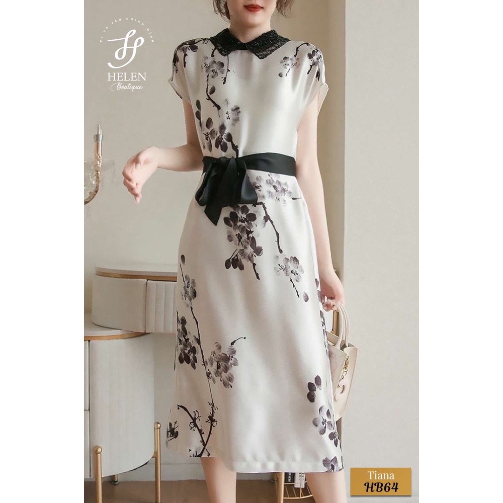 Đầm suông dáng rộng họa tiết hoa tím màu trắng nhẹ nhàng, sang trọng - Đầm Tiana - Helen Boutique