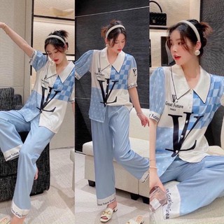 BỘ LỤA MẶC NHÀ CỔ NHỌN CHỮ THƯƠNG HIỆU L.V. LỤA XƯỚC TÔ CHÂU CAO CẤP T002.
