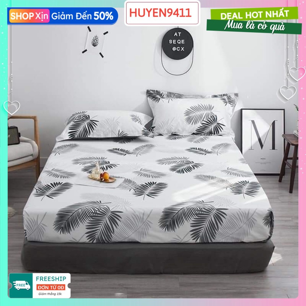 Bộ Ga Gối 3 Món 1m6x2m,vải cotton poly mẫu mới 2022,hcm-mẫu lá đen nền trắng