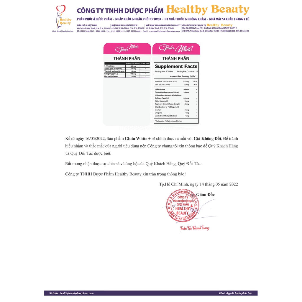 Viên Uống Hạn Chế Lão Hóa Da, Làm Đẹp Da, Sáng Da Gluta White Healthy Beauty +  30 Viên