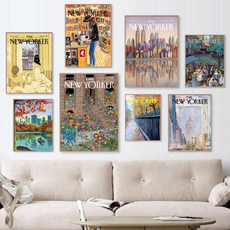 Tranh Vải Bạt Treo Tường In Hình Tạp Chí New Yorker Kiểu Vintage Bắc Âu Trang Trí Nhà Cửa