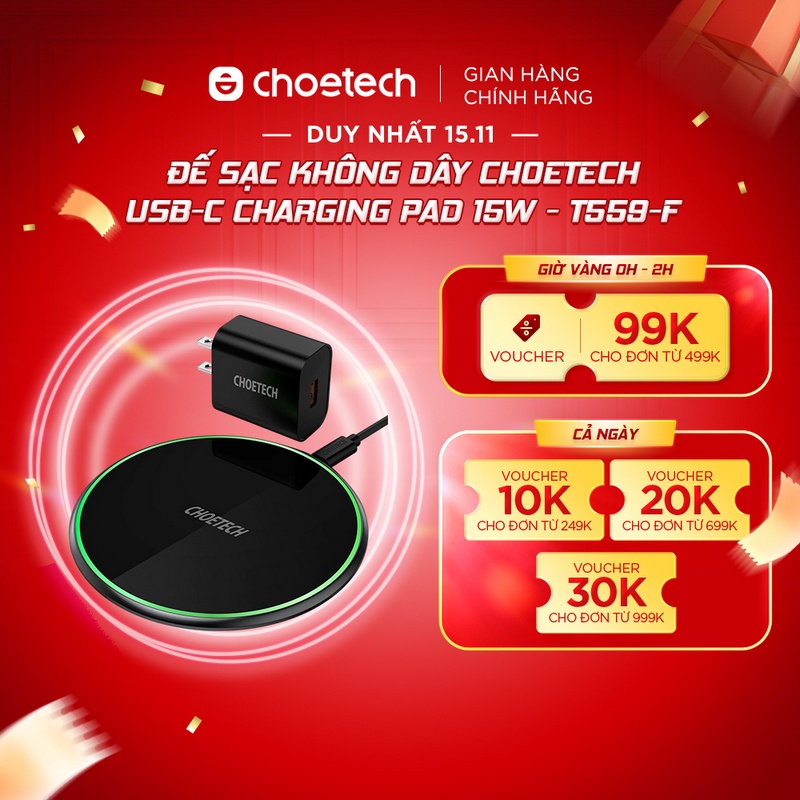 Đế sạc không dây CHOETECH USB-C 15W - T559-F (iPhone 12/Airpods 2/Airpods Pro/điện thoại Android có sạc không dây)