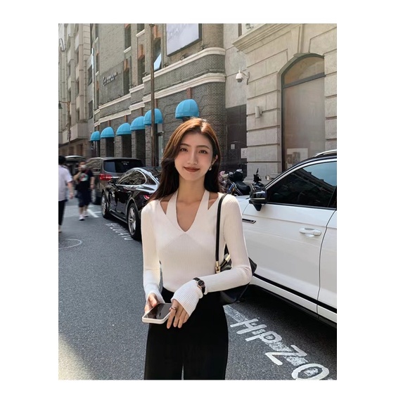 Áo Dệt Kim Tay Dài Cổ Chữ V Dáng Ôm Thời Trang Mùa Thu Cho Nữ