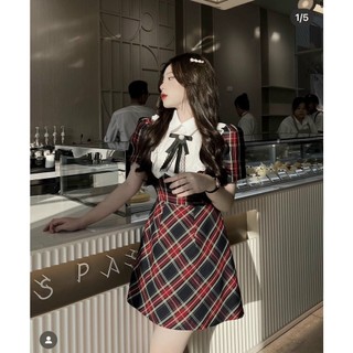 Đầm caro bèo ngực nơ cổ
