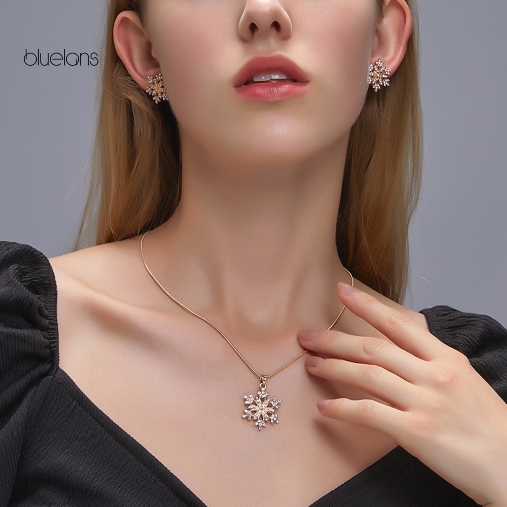 1 Set Vòng cổ Và Bông Tai Hình Bông Tuyết Đính Đá 2 Màu