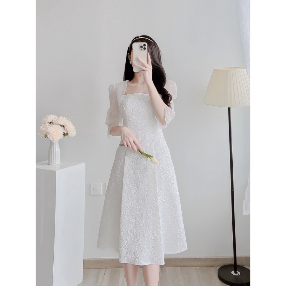 Đầm váy xoè midi trắng tinh khôi tay lửng thanh lịch trắng cổ vuông chít eo cao cấp dạ hội dự tiệc đám cưới đi biển bigs