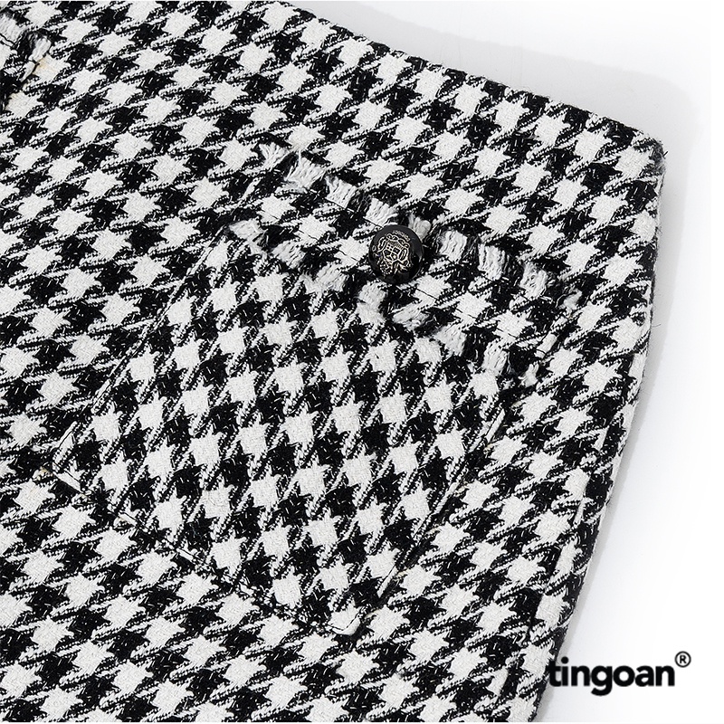 TINGOAN® - Chân váy tweed caro cạp thấp viền tua rua TWICE SHY SKIRT/CR