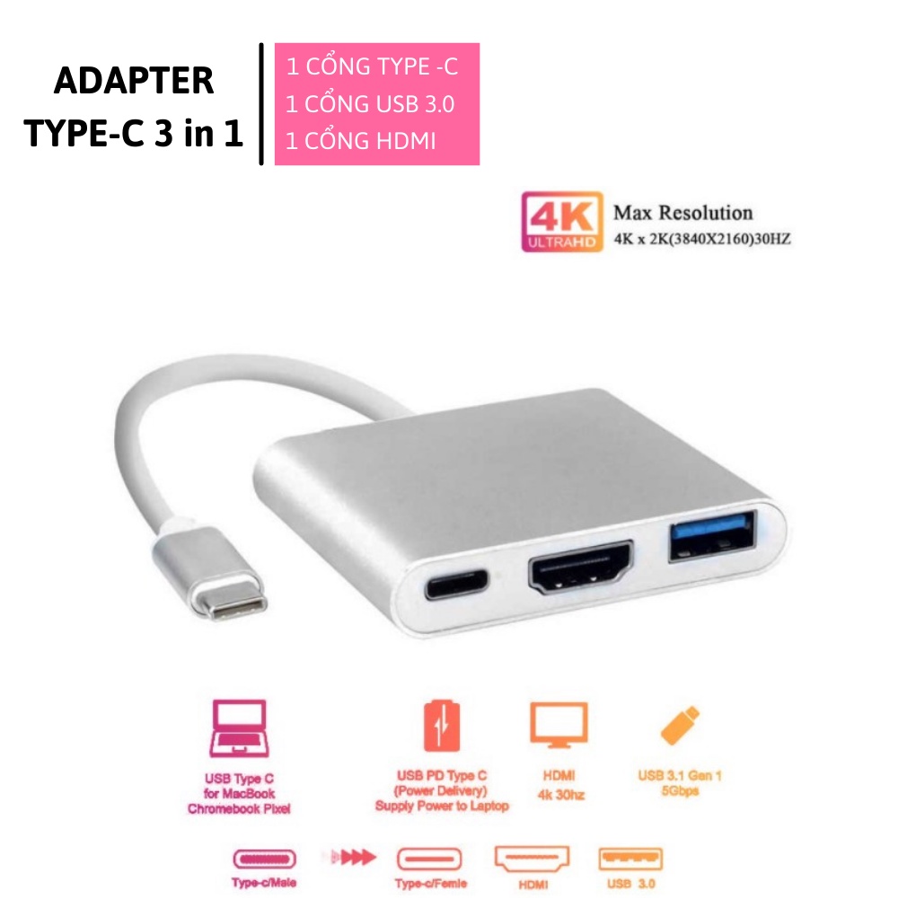 [Mã SKAMSALE0123 giảm 10% đơn 200k] ADAPTER USB C 3 IN 1 ( HỖ TRỢ SAMSUNG DEX ) HDMI + USB + TYPE C