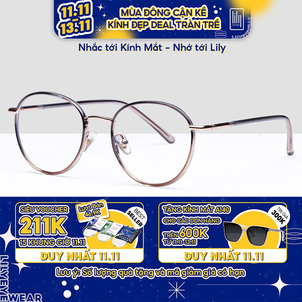 Gọng kính cận nam nữ Lilyeyewear mắt tròn kim loại thanh mảnh màu sắc thời trang 2301