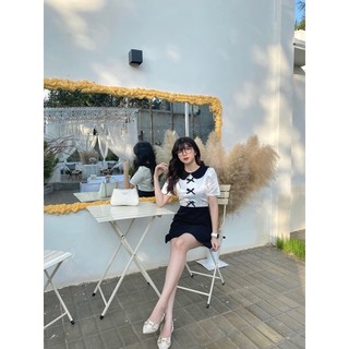 Đầm Cổ Bèo Phối Đen Trắng (ẢNH THẬT)