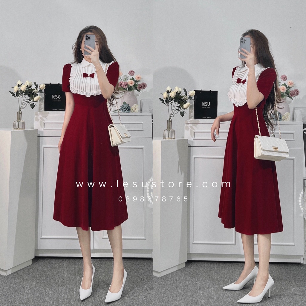 ẢNH TỰ CHỤP Đầm midi nhung cổ phối peter pan ĐỎ RƯỢU