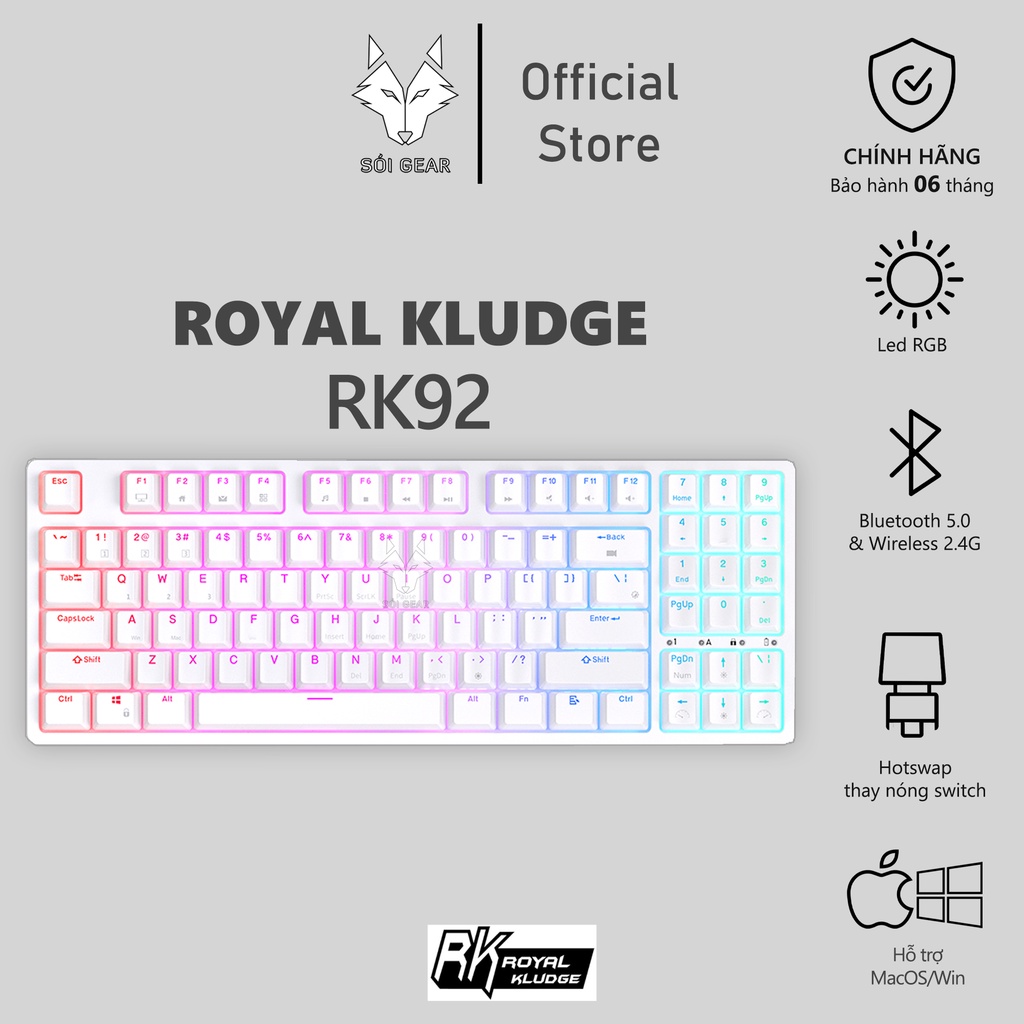 Bàn phím cơ không dây Royal Kludge RK92 NEW HOTSWAP, Led RGB, Type C, Bluetooth 5.0, Wireless 2.4G - CHÍNH HÃNG