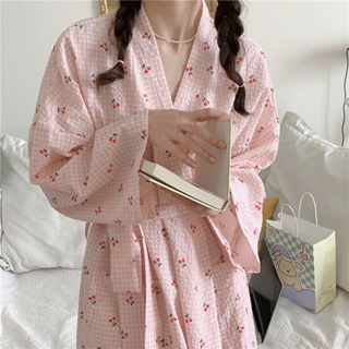 Áo Choàng Ngủ Tay Dài Kiểu kimono Nhật Bản Kẻ Sọc Caro In Họa Tiết cherry Thời Trang Xuân Thu Cho Nữ Sinh