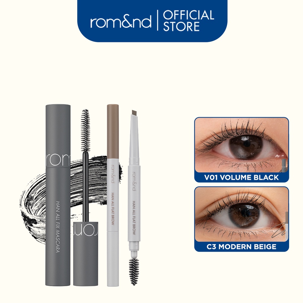 Combo Mascara Romand Han All Fix Mascara 7g + Chì kẻ mày ngang Romand Han All Flat Brow 0.17g