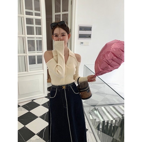 Áo ZHELIHANGFEI dệt kim tay dài hở vai gợi cảm xinh xắn