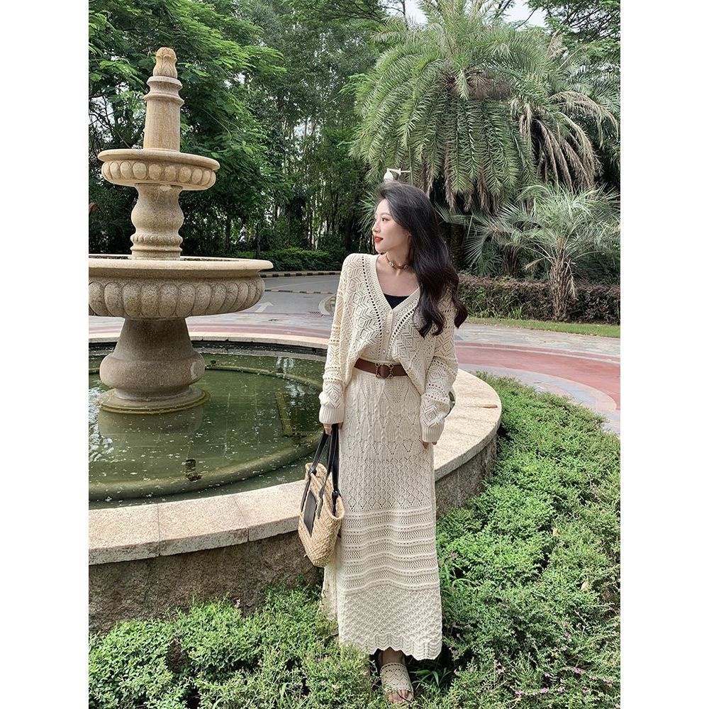 Kumikumi Áo Khoác Cardigan Dệt Kim Rỗng Dáng Dài Eo Cao Thời Trang Mùa Thu Dành Cho Bạn Nữ