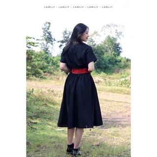 Đầm cổ V phối eo linen