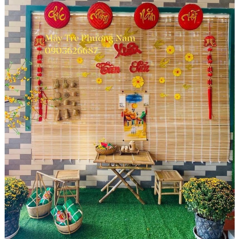 Mành tre che nắng mưa  ngang 1.5x2 có ròng rọc dây kéo thanh treo