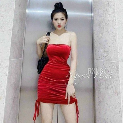 Đầm Body Hai Dây Nhung Dây Xích Dây Rút