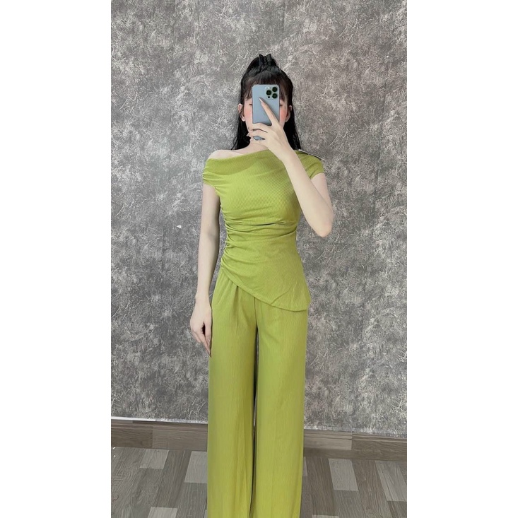 (FreeShip) Sét đồ bộ nữ,áo lệch vai nhún eo chéo tà cực sang mix quần ống suông,chất đẹp lên from xinh xĩu