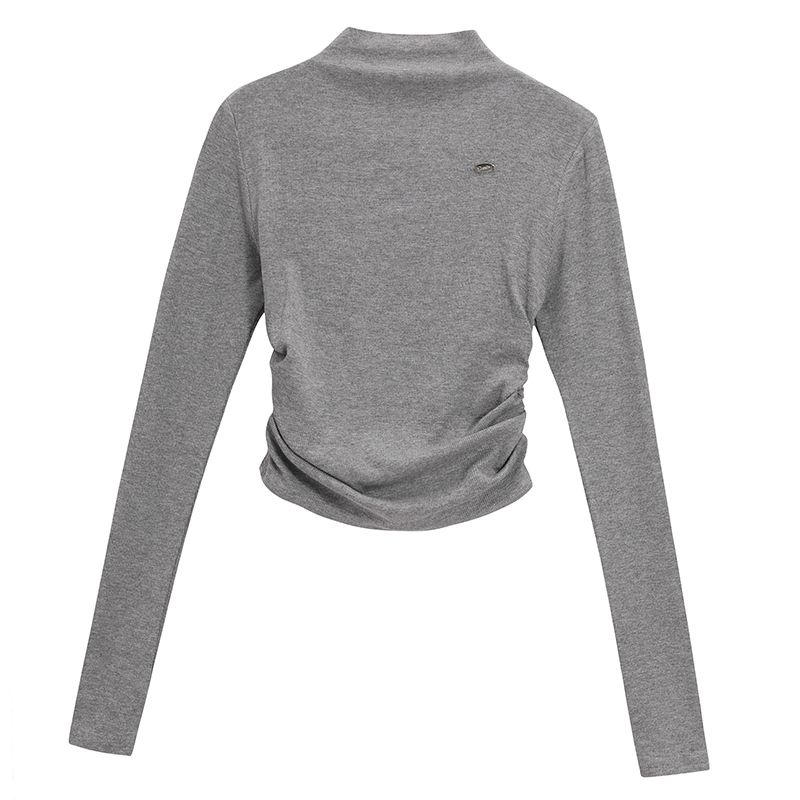 COZOK Áo thun COZOK tay dài cổ cao dáng ôm xếp ly phong cách cá tính cho nữ