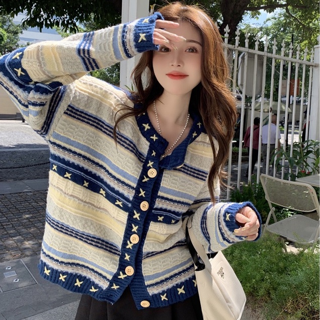 Áo khoác len nữ dài tay cổ tròn phối màu vintage, áo khoát len cardigan nữ phong cách hàn quốc 6434