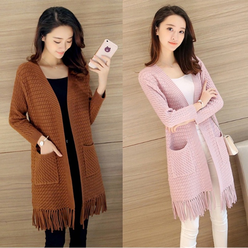 Áo Khoác cardigan Dệt Kim Phối Tua Rua Dài Trung Bình Thời Trang Xuân Thu Phong Cách Hàn Quốc Cho Nữ