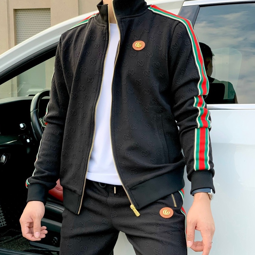 Bộ, Set nỉ thu đông kéo khóa Gucci kẻ viền xanh đỏ vân nổi monogram LA 1-1 on web