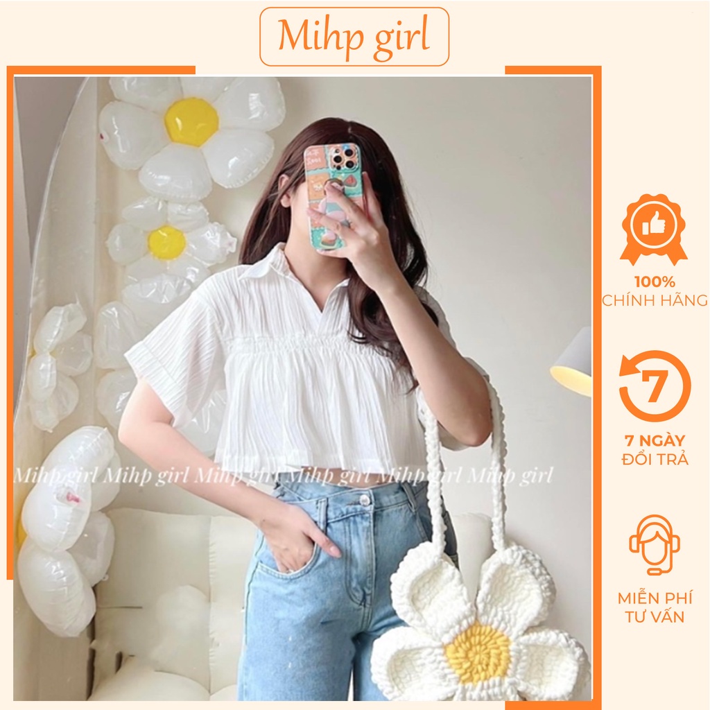 Áo sơ mi bèo dáng croptop vải xốp gân đẹp