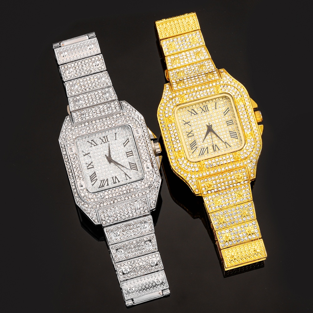 Đồng Hồ Đeo Tay Mặt Vuông Đính Đá Lấp Lánh Phong Cách Hip Hop Thời Trang Cho Nam Và Nữ