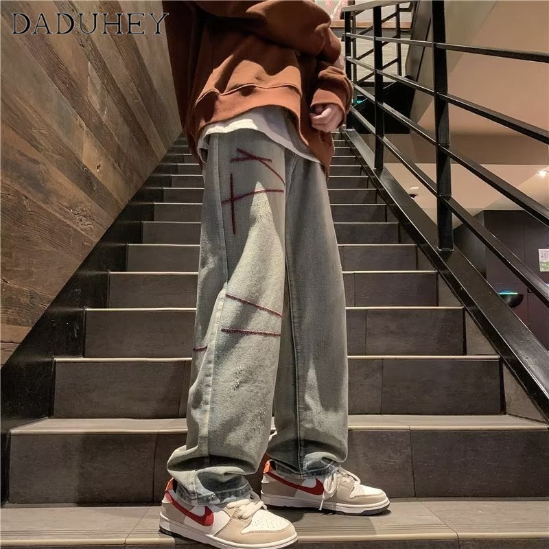 DaDuHey American Style Retro Washed Irregular Ripped Embroidered Jeans Men's High Street Fashion Trendy Straight Pants