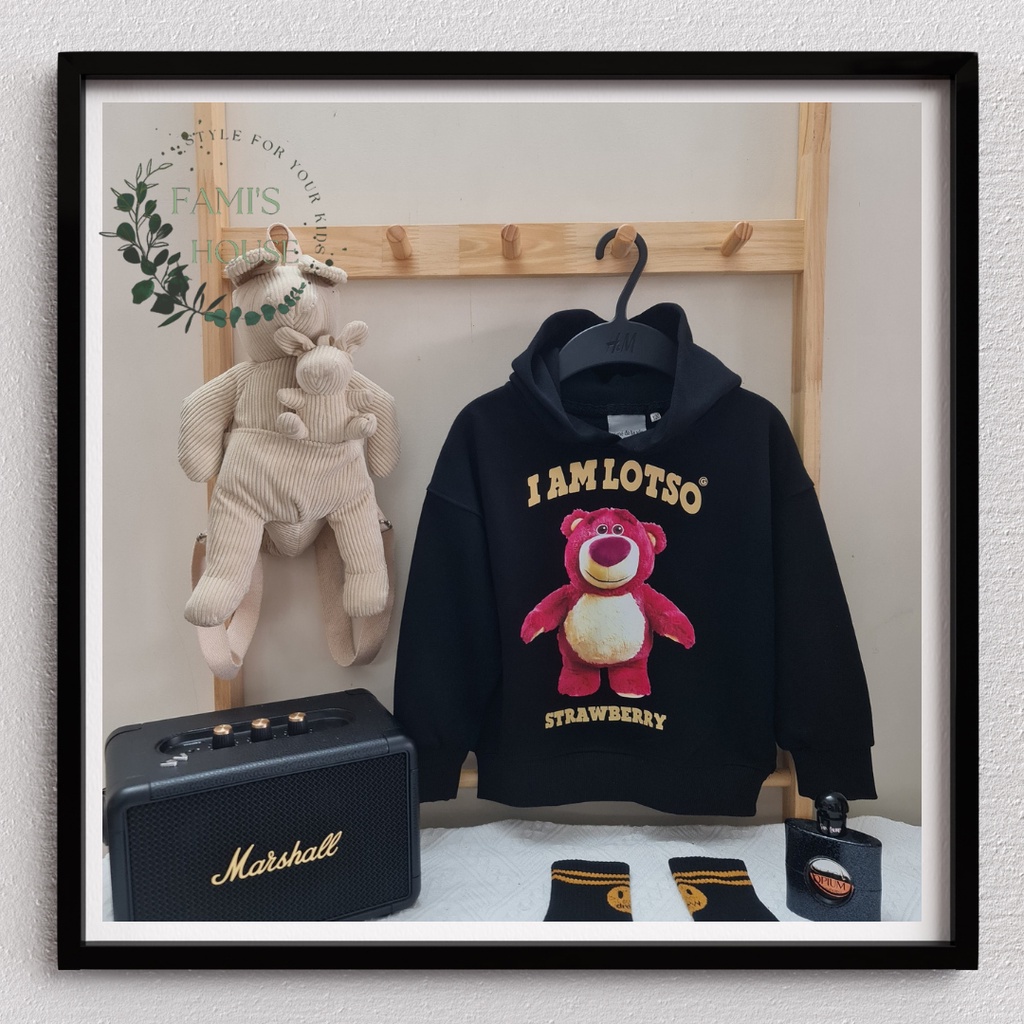 Áo nỉ có mũ Gấu dâu hồng cho bé , áo hoodie trẻ em unisex