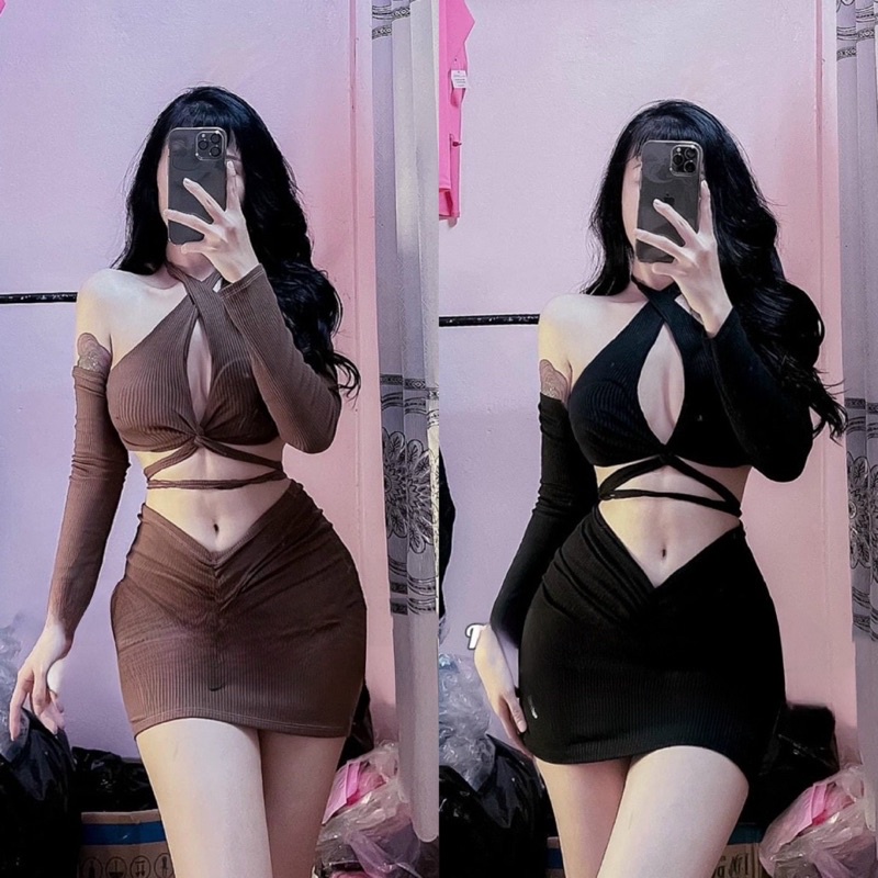 Đầm Body Khoét Yếm Chéo Ngực Trễ Vai Tay Dài Khoét Đan Bụng Có Mút Ngực + Lót Quần